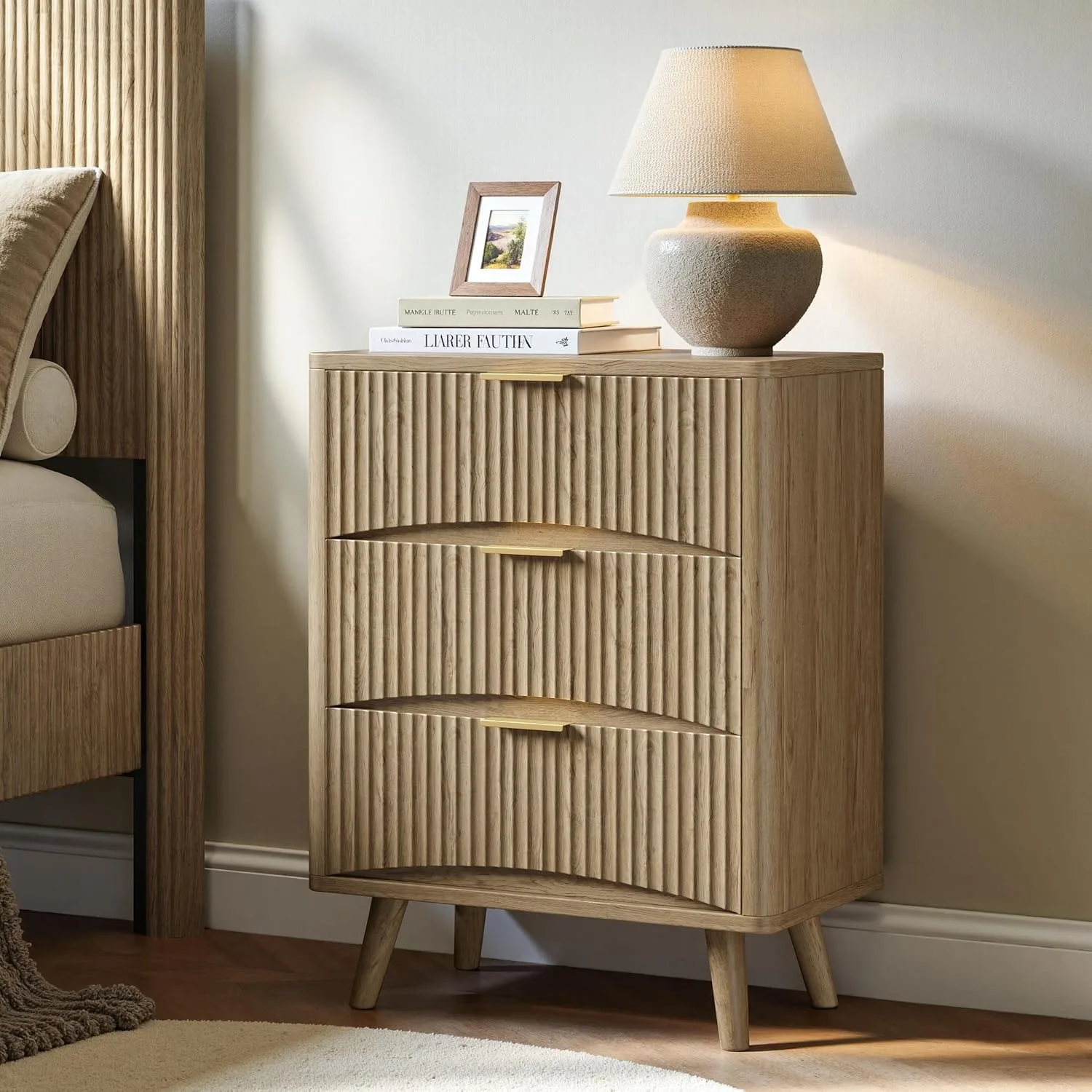 29'' Tall Fluted Nightstand, Oak Night Stand with 3 Drawers, Wooden Bedside Table, Mid Century Modern Side Table, Customized