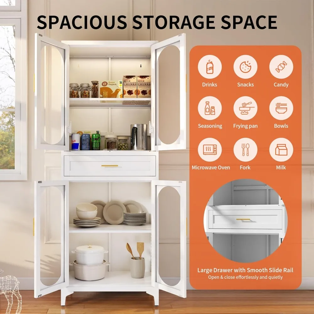 خزانة تخزين المطبخ 74.8 H مع 4 أبواب ودرج واحد، طبقات قابلة للتعديل لتخزين الحمام، خزانة معدنية طويلة للمطبخ،