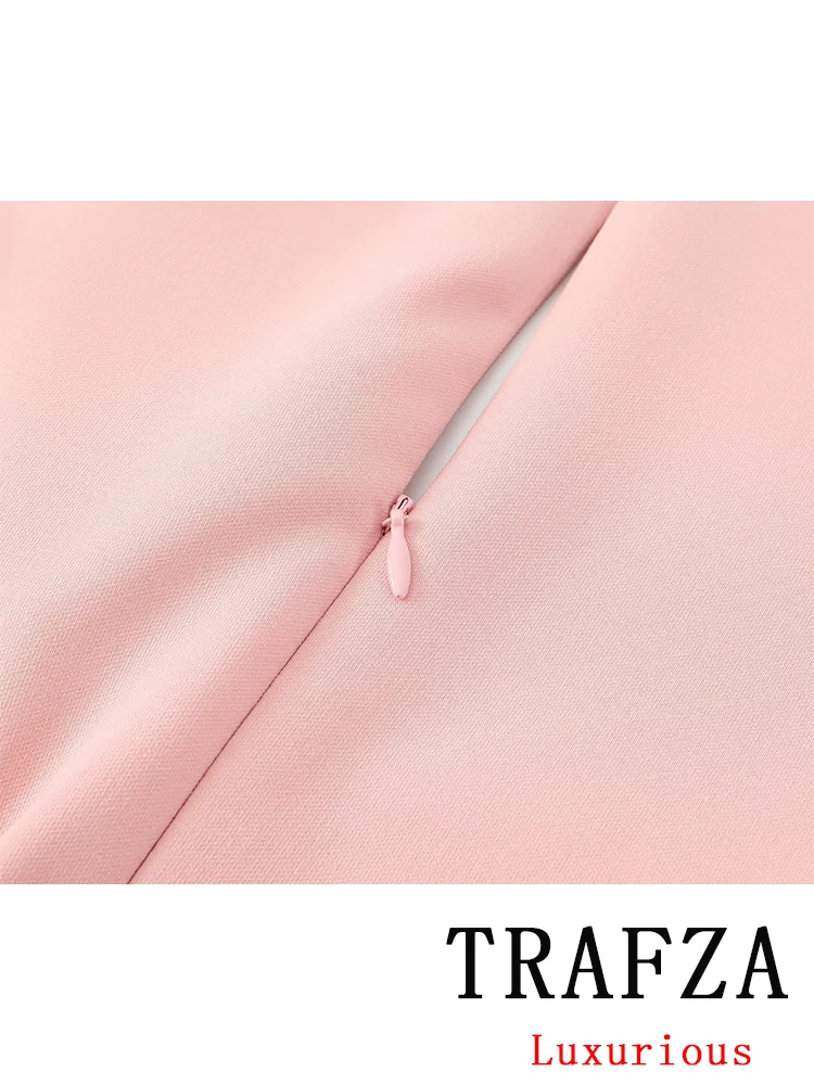 TRAFZA Vintage Casual Chic Pink Women Dress Solid Belt Zipper Slash Neck Slim Long Straight Vestidos Fashion 2024 Autumn Dress