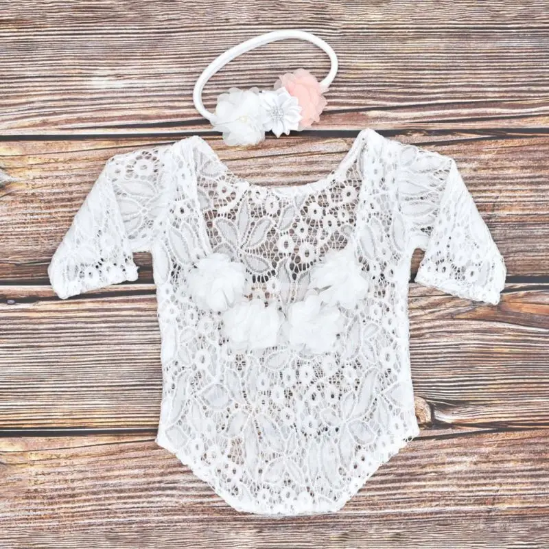 2 Pcs Newborn Photography Props Baby Boys Girls Lace Stitching Romper Headband Dropshipping