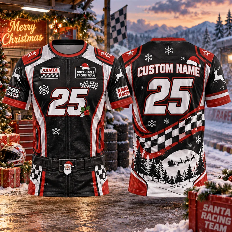Christmas Racing T Shirt Men Custom Name Number Santa Racer Checkered Flag Short Sleeve Xmas Motorsport Holiday Streetwear Top