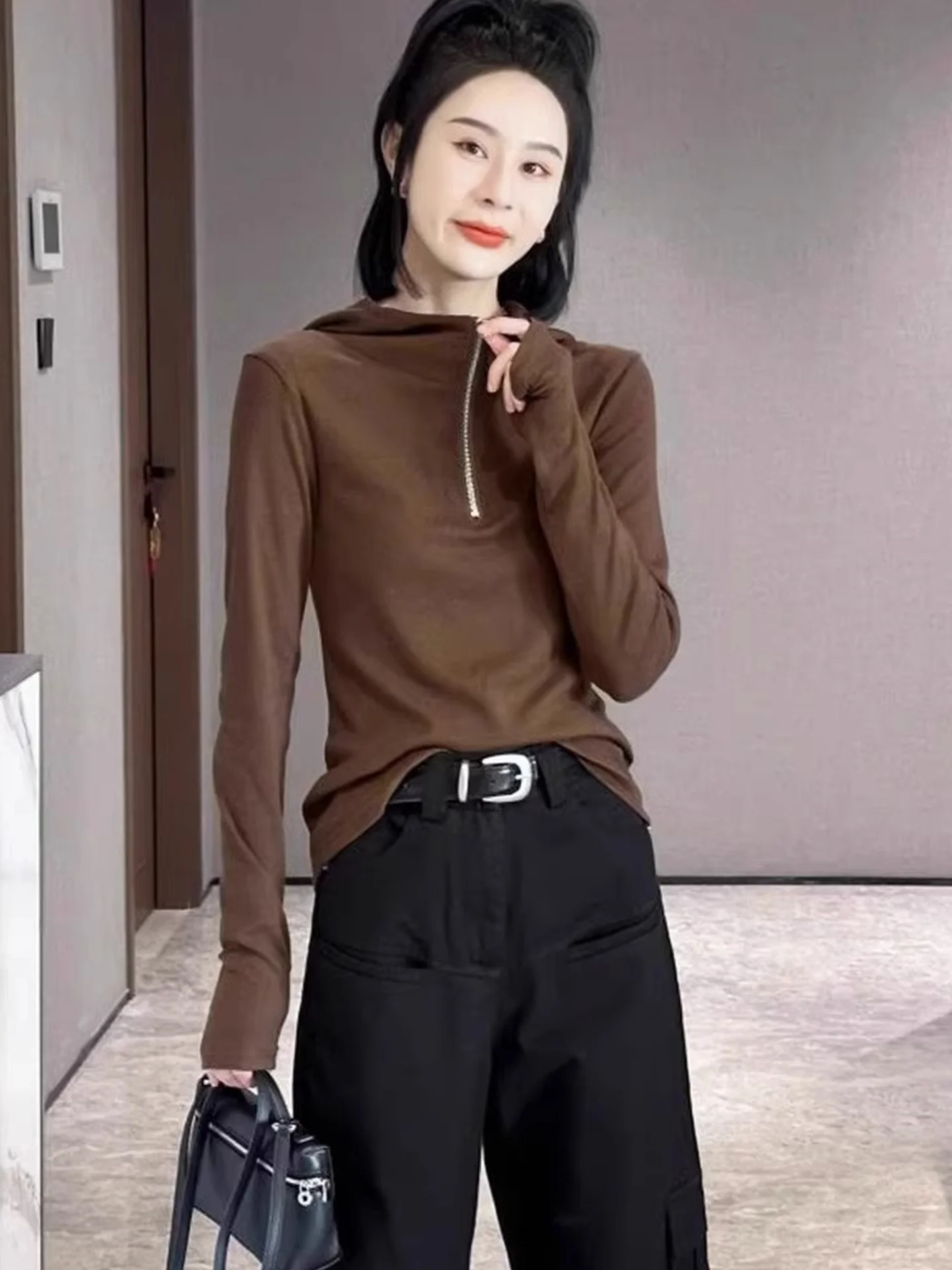

Simple Hooded Long Sleeve Base Shirt Versatile Autumn Trendy Sweatshirt Anti-Aging Women's Clothing Straight Cut Regular Fit
