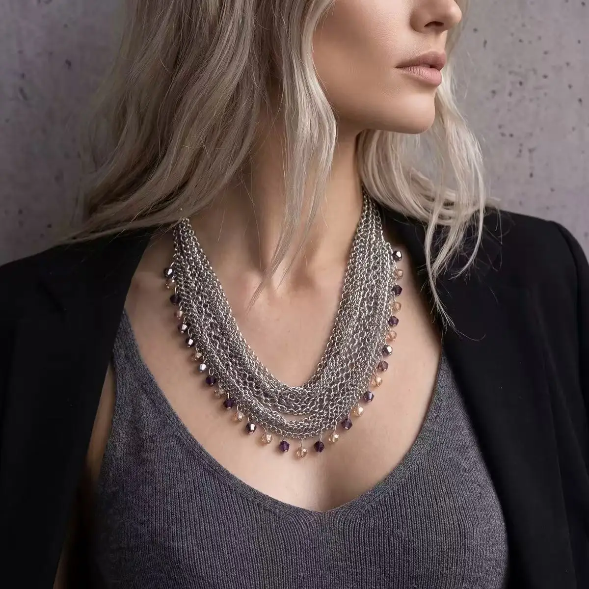 Luxury Multi-layer Silver Color Woven Chain Crystal Tassel Necklace for Women