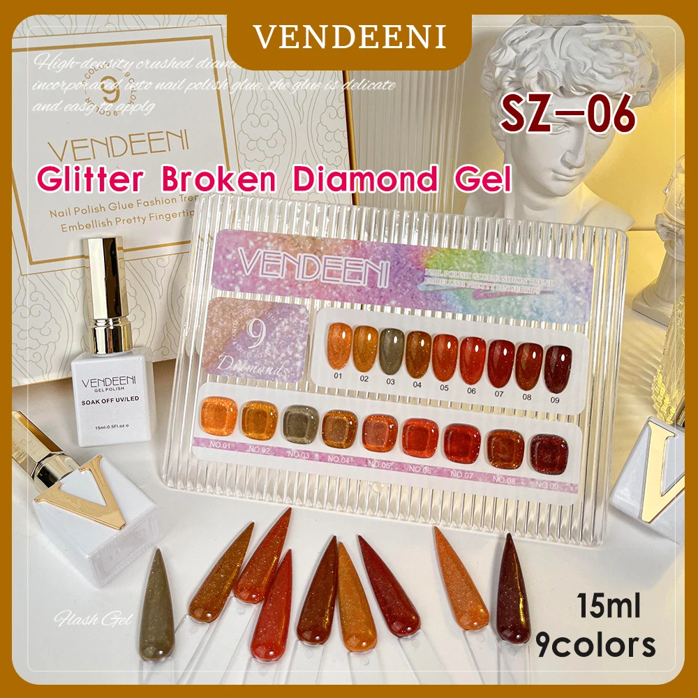 Vendeeni 15ml 9 Color/set Maple Leaf Red Glitter Broken Diamond Gel Nail Polish Soak Off UV Led Caramel Brown Nail Art Varnish