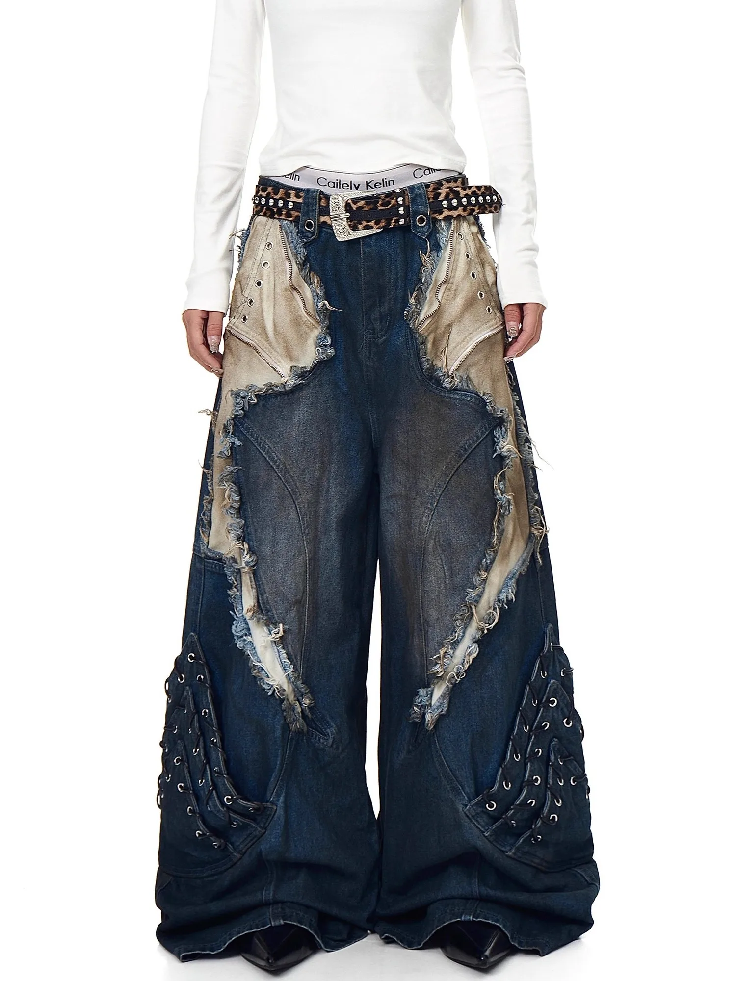 

American High Street Heavy Du Alien Hybrid Eye Blue Dye Splicing Jeans Men's Deconstructed Visual Wide Leg Pants