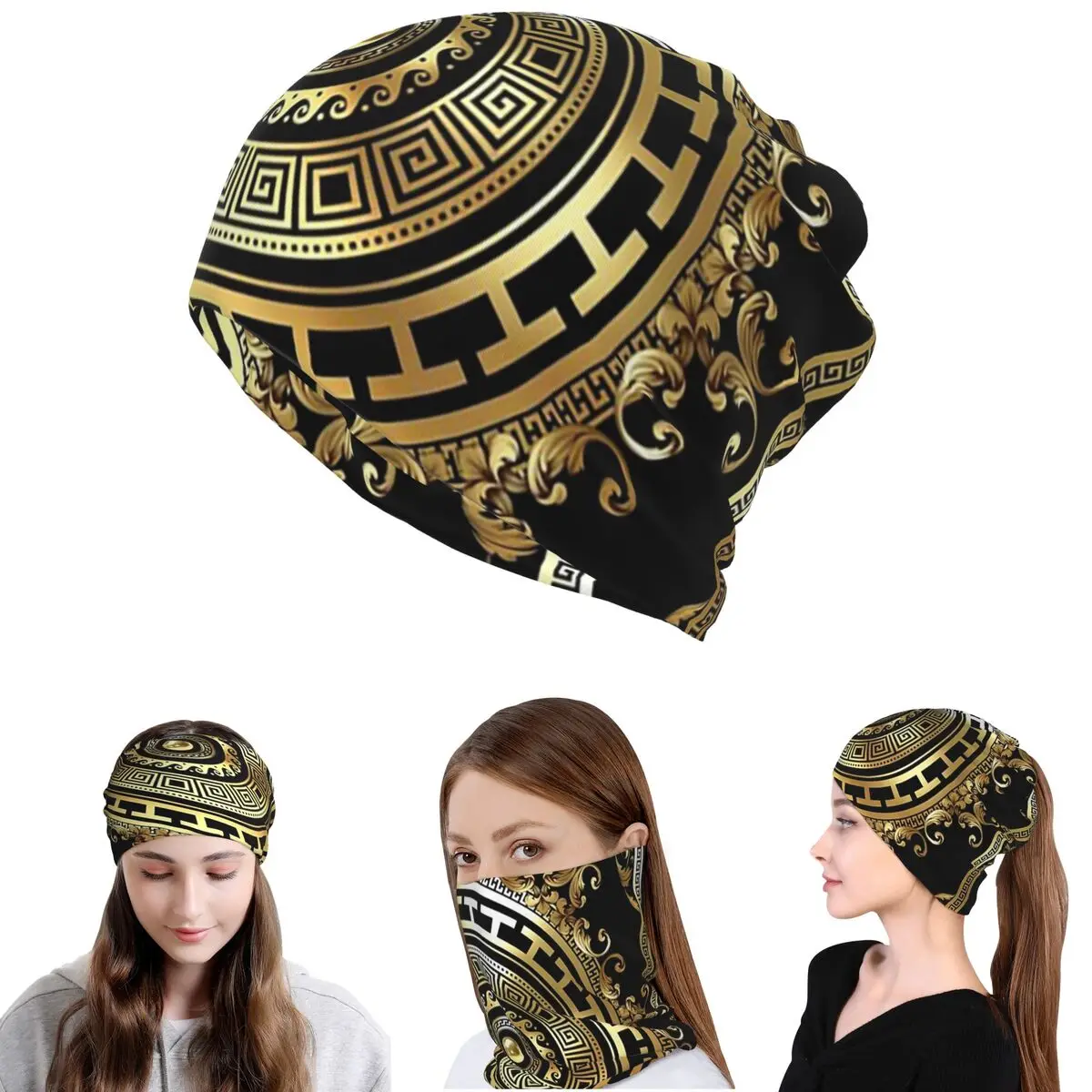 

Greek Keys Black Gold Medallion Meander Baroque Bandana Neck Cover Wrap Scarf Face Mask Beanies Hat for Men Women Windproof