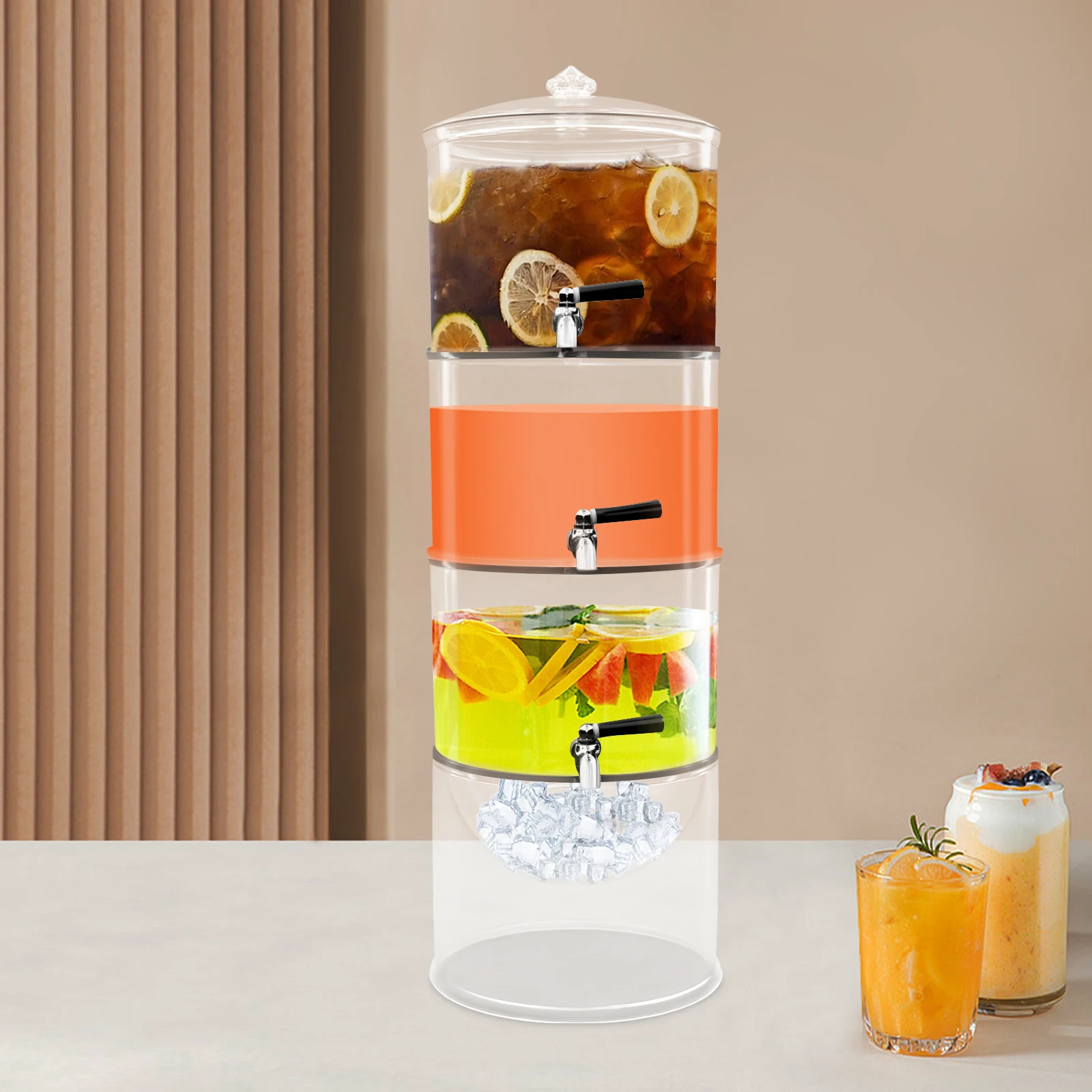 

Detachable & Stackable Design 3-Tier Beverage Dispenser with Faucets and Bottom Ice Chamber Fits Family Gatherings and Parties