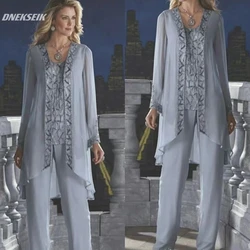 Mother Of The Bride Groom 3 Piece Pant Suit Silver Chiffon Beach Long Sleeves Beads Wedding Mothers Dress Formal Evening Wear