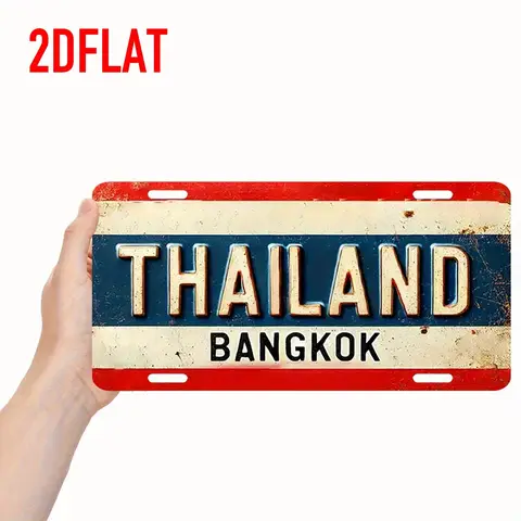Vintage Thailand Bangkok Metal License Plate Wall Art -  Aluminum Retro Red & Blue Design with 'Thailand Bangkok' Text - Rusti