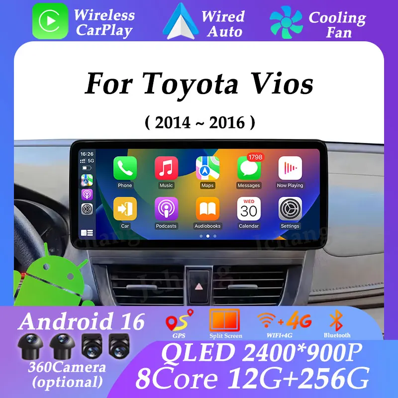

Ультратонкий экран с разделенным экраном для Toyota Vios 2014-2016, Android 16, GPS-навигация, мультимедийный плеер, видео, аудио, Wi-Fi