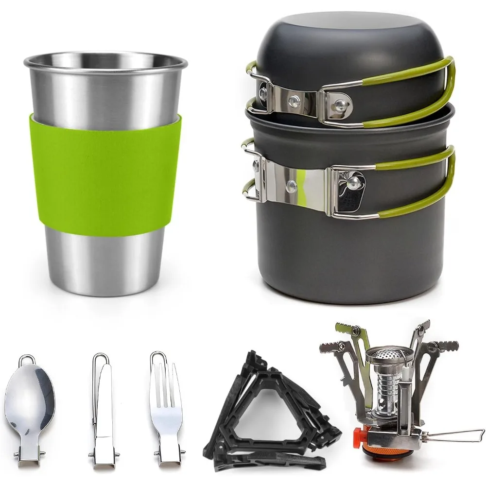 

Camping Cookware Stove Carabiner Canister Stand Tripod and Stainless Steel Cup, Tank Bracket, Fork Spoon Kit for Backpacking