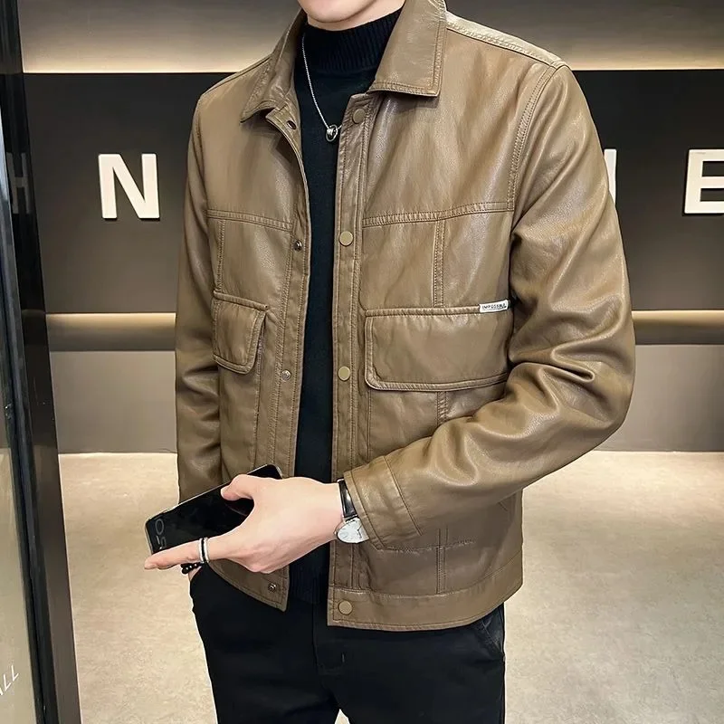 Male Lapel Coat Men Fashion Retro Large Size Solid Color Biker Leather Jacket Casual Versatile Short Outwear