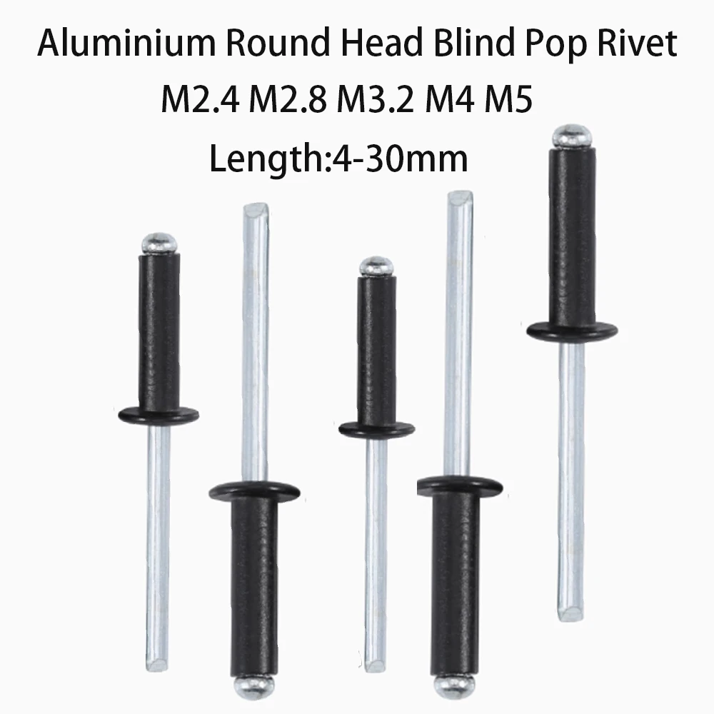 M2.4 M2.8 M3.2 M4 M5 Aluminium Round Head Blind Pop Rivet Black Exhaust Rivets Pull Nail Fasteners Length 4/5/6/8/10/12/16-25mm