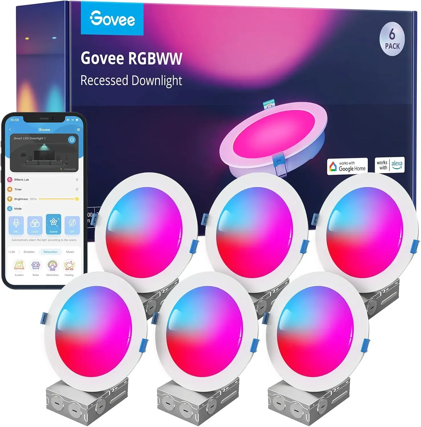 

6 Inch Smart Recessed Lighting, WiFi+BT RGBWW, 65 Scene Modes, 1100 Lumens, 6 Pack