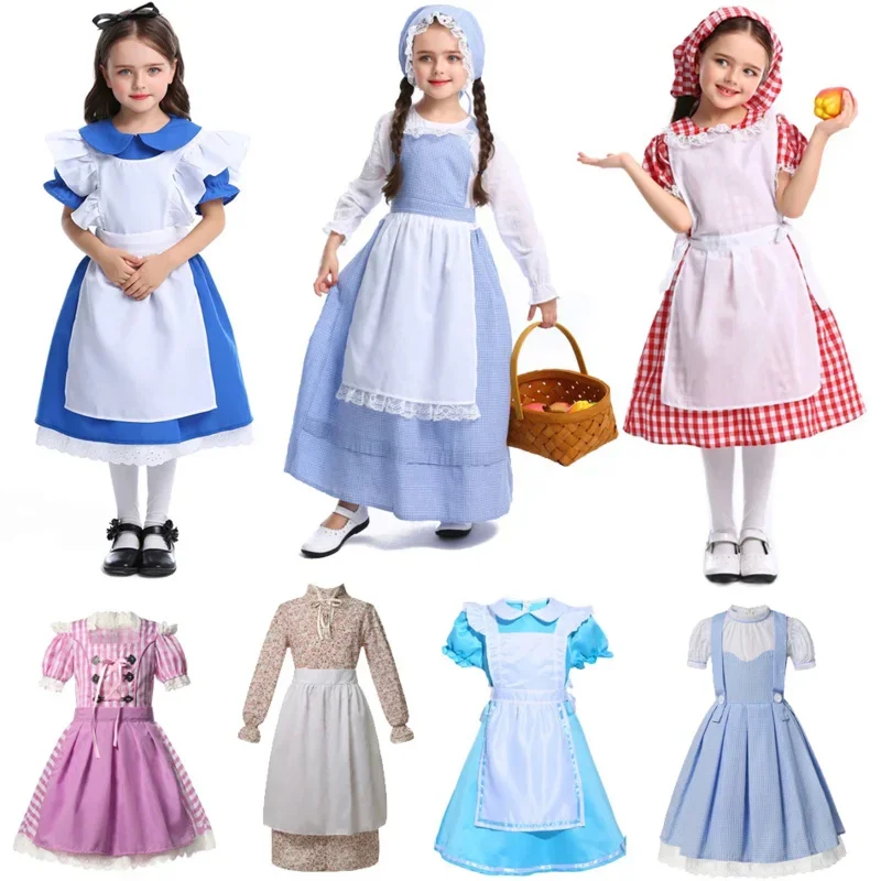 Baby Girl Wolf Grandmother Cosplay Dress Dorothy Alice Maidservant Dress Farm Costume with Hat