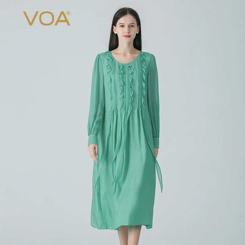 

VOA 100% Pure Mulberry Silk Jacquard Grain Spring Green O-neck Dresses Women Long Sleeve Racerback Ruffle Lace Silk Dress AE1851