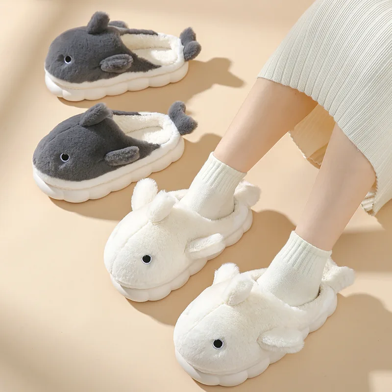 Cute Whale Cotton Slippers Female Winter Couple Indoor Home Men's Winter Cartoon Warm Wool Soft Non-slip Slippers