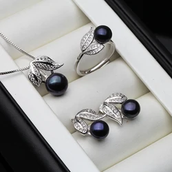 Black Pearl Necklace and Earrings For Women,925 Sterling Silver Leaf Pearl Jewelry Set Mother Gift