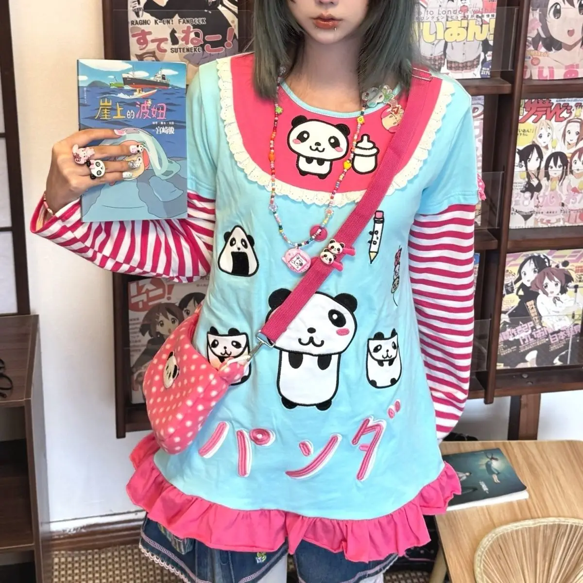 Harajuku Style Long Sleeve Striped T-Shirt Women's Flounce Hem Subculture Sweet Cool Top Panda Print Japanese Culture