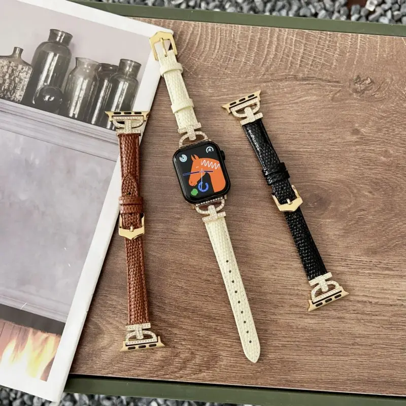 Genuine Leather Watch Strap For Apple Watch Band 38 40 41 42 44 45 46 49mm Diamond D-Shape Leather Bracelet for iwatch Correa