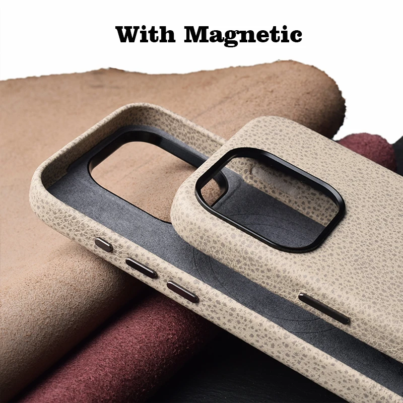 Genuine Leather Case For iPhone 15 Pro Max Luxury Real Skin Phone Back Cover For Apple iPhone 15 Pro Magnetic Beige Color