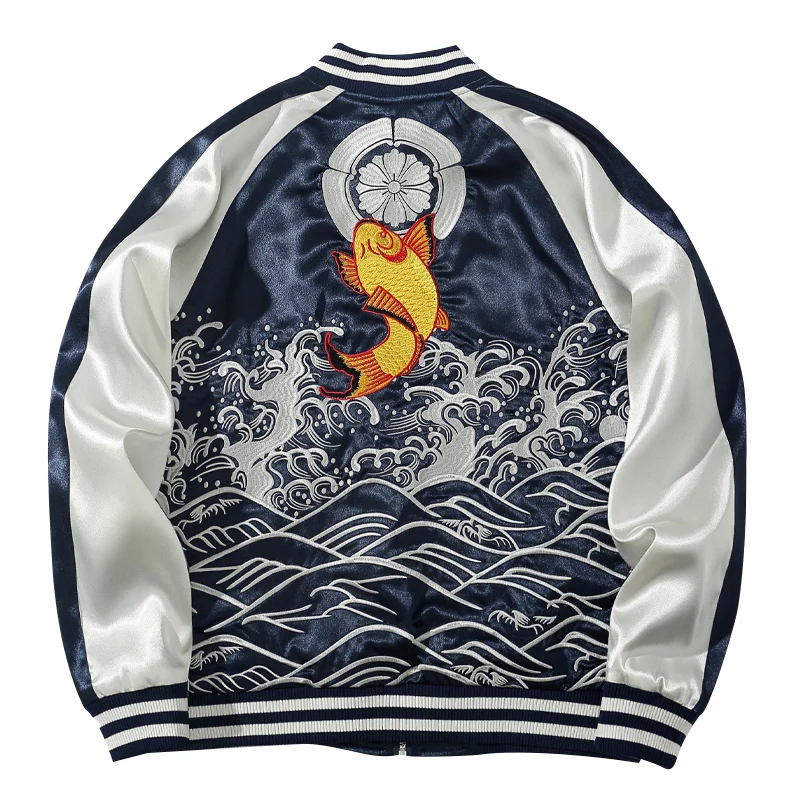 Men's Fashion Hajuku Hip Hop Jacket High Street Embroidered Varsity Baseball Coat Japanese Style Outerwear With Fish Embroidery