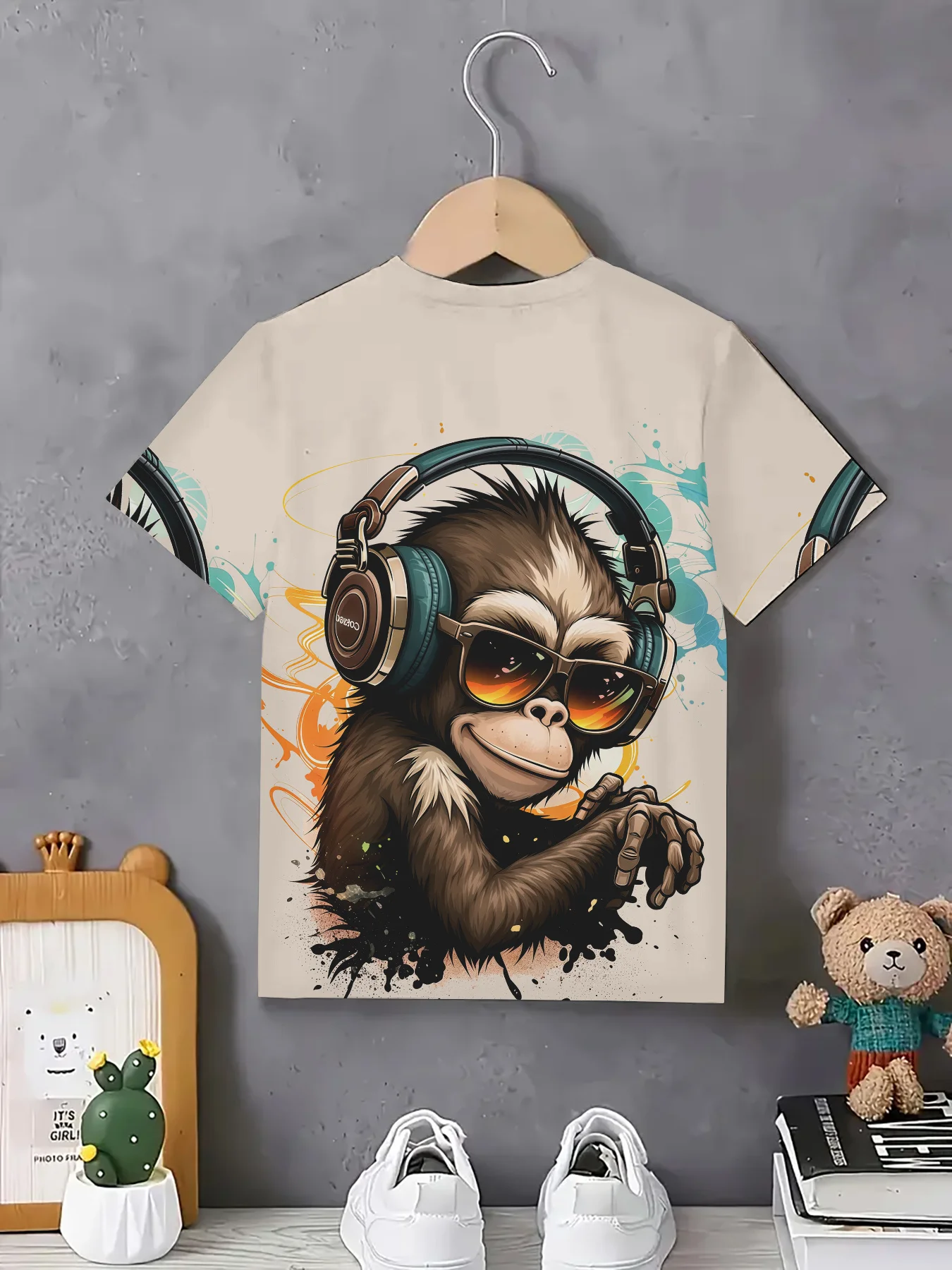 New Unique Pattern T-Shirt for Boy and Girls Fashionable Music Monkey Print Tee, Street Style Summer Short Sleeve for Daily Wear