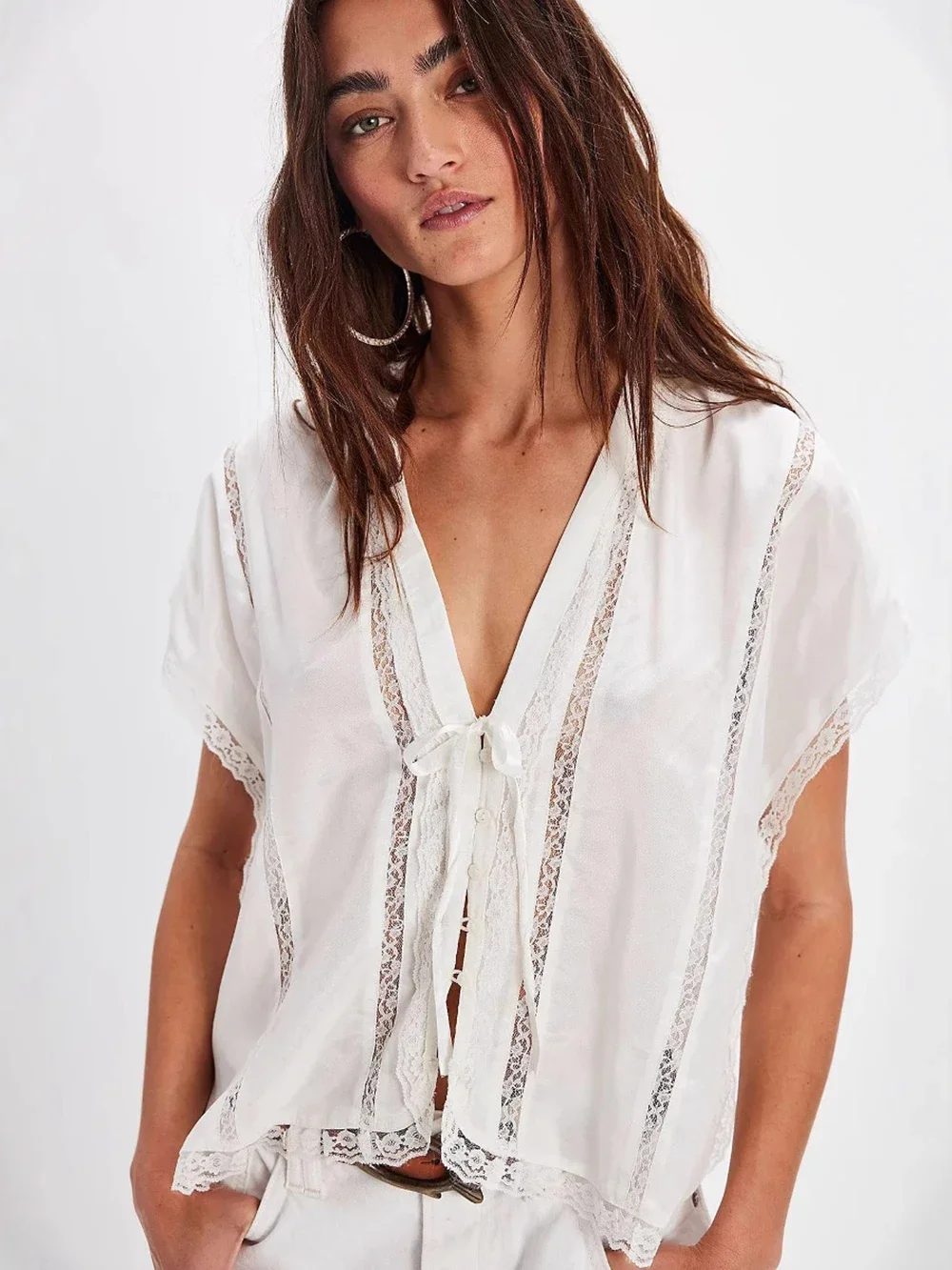 

2025 European Fashion Women's Summer New Vest Casual Short Sleeve V-Neck Lace Up Single Breasted Lace Splice Solid Color Shirt