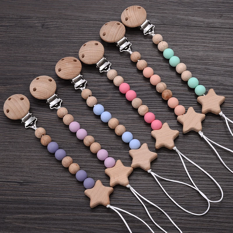 Baby Silicone Teether Pacifier Chain Bracelets Set Round Wooden Dummy Holder Clip For Baby Teething Nipple Chain Nursing Toys