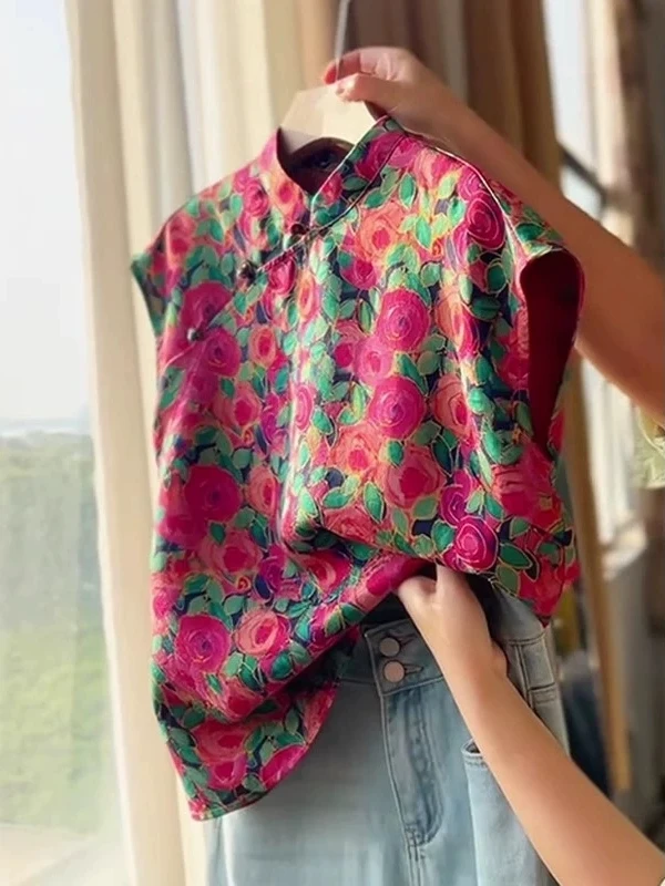 

Элегантная женская рубашка с воротником-стойкой и коротким рукавом, в китайском стиле, с принтом под ретро-масляную живопись, топ в стиле тан, летняя новинка