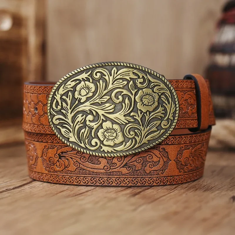 

Fashion Elliptical Pattern Big Board Belts for Men Retro Western Cowboy Embossed Jeans PU Waist Belt Clothing Accessories