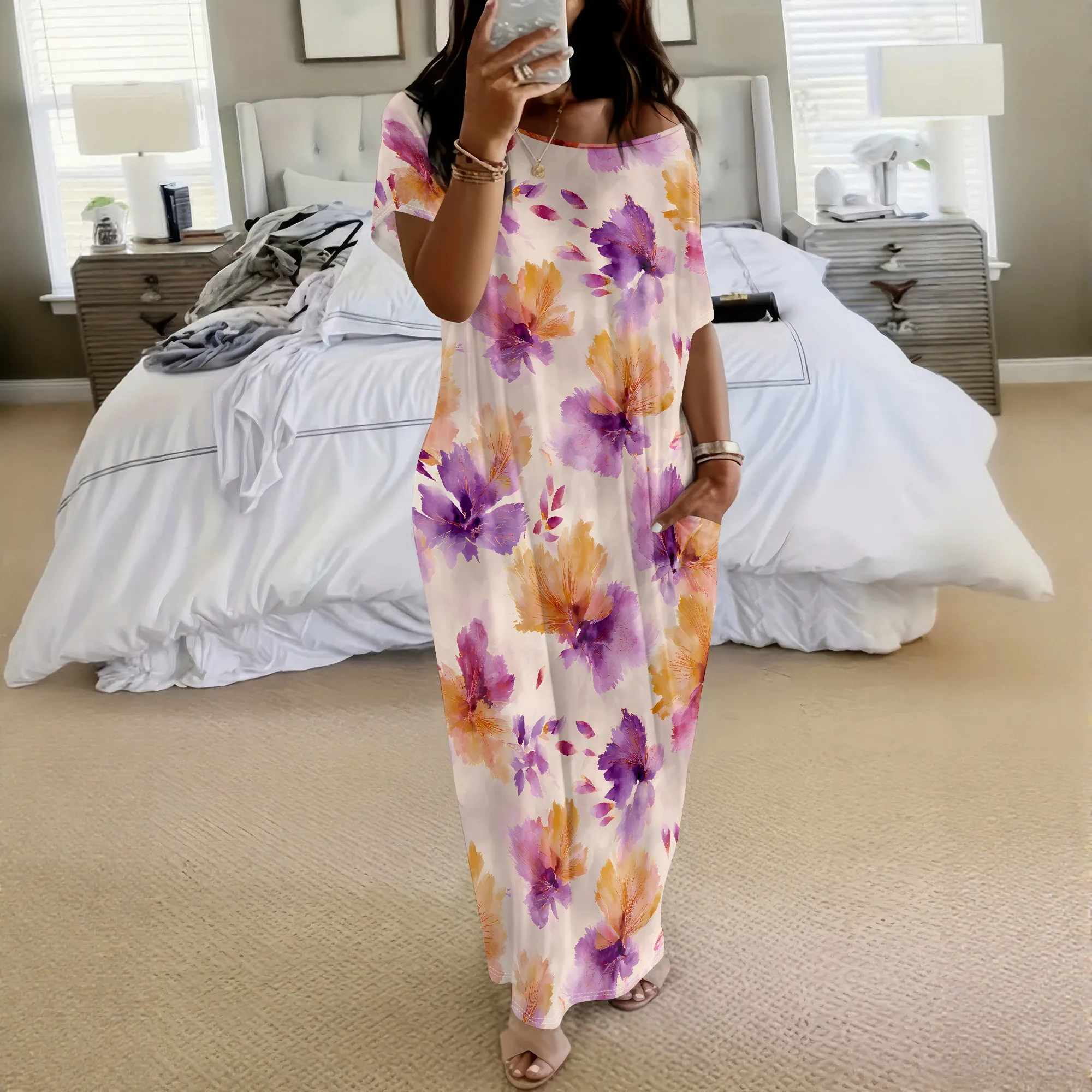 Floral Print Maxi Dress Purple And Orange Flower Pattern Short Sleeve Summer Sundress With Pockets Casual Beach Vacation Wear