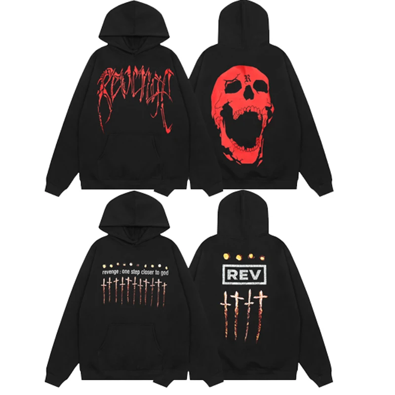 

2024 Heavy Fabric REVENGE Hoody Red Skull Print Keel Pattern Double Pocket Fleece Warmth Couple Revenge Sweatshirts Pullovers