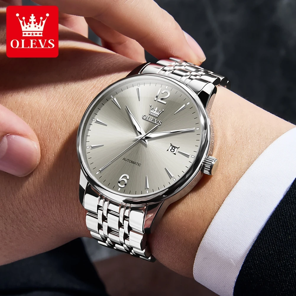 OLEVS العلامة التجارية الجديدة أزياء بسيطة الميكانيكية ساعة رجالي التقويم عرض الفولاذ المقاوم للصدأ للماء مضيئة الفاخرة الرجال ساعة اليد #6