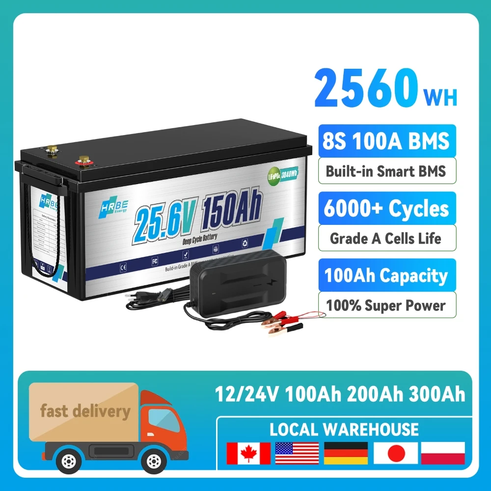 24v 150Ah 50Ah LiFePo4 Battery Built-in 150A BMS Lithium Iron Phosphate Waterproof LEP Battery For Solar RV Off-grid Camping