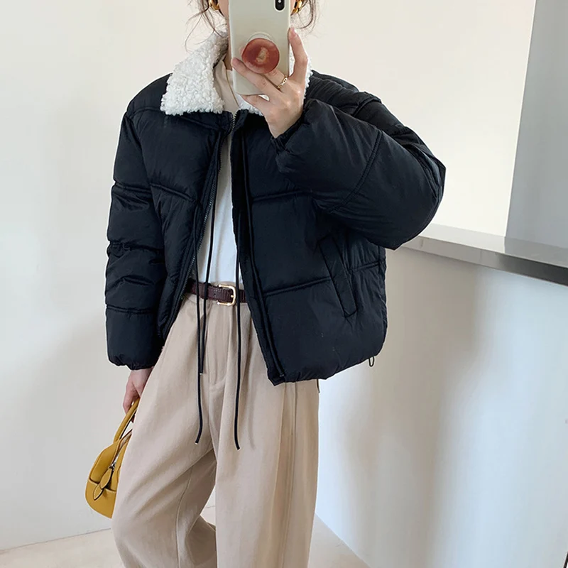 المرأة شيك فو الحملان الصوف المرقعة أسفل معطف القطن الحلو كل مباراة طالب جواكت شتوية الشتاء Kawaii سترة قصيرة سترات #1