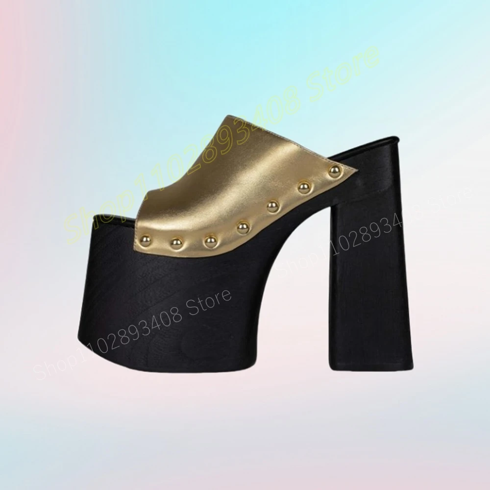 Gold Round Rivets Peep Toe Slippers Concise Platform Chunky High Heel Elegant Fashion Sexy Summer Women Shoes 2024 Para Mujere