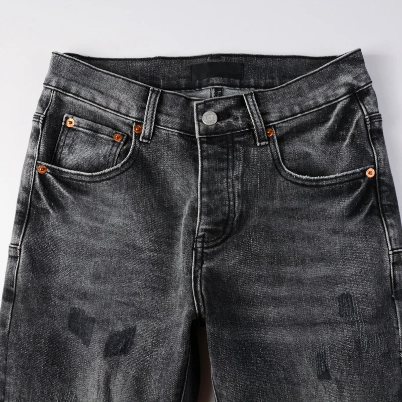 Jeans Merek Tren Amerika Celana Skinny Denim Tambalan Robek Pria Abu-abu Asap High Street Celana Kaki Lurus Melar Musim Panas