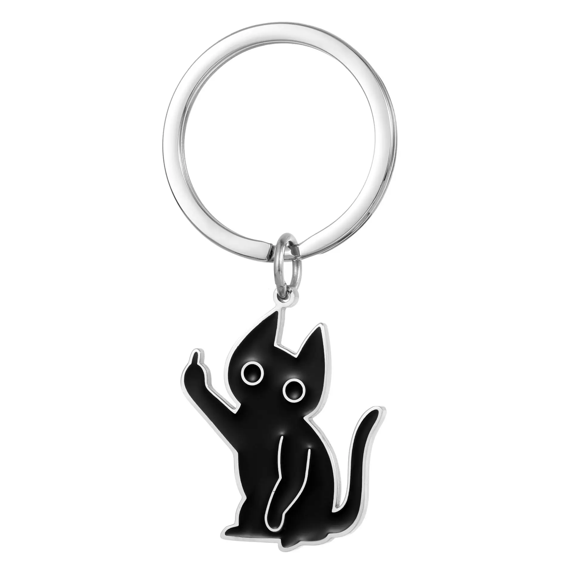 

Funny Cat Keychain Stainless Steel Rude Gesture Pendant - Black Cartoon Middle Finger Gift for Women Men
