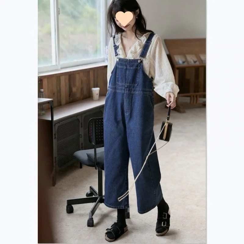 

Vintage Dark Blue Strap Cropped Jeans Women Spring Autumn Loose Casual Age-Reducing Straight Pants New Year Style