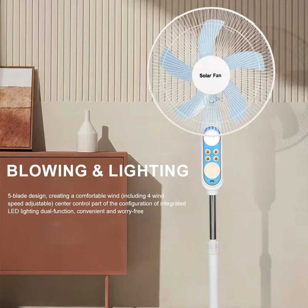 Remote Control Solar Floor Fan 4 Speeds & Bug Light Rechargeable Battery 12H Runtime 25W solar for Home Emergency Power Outage