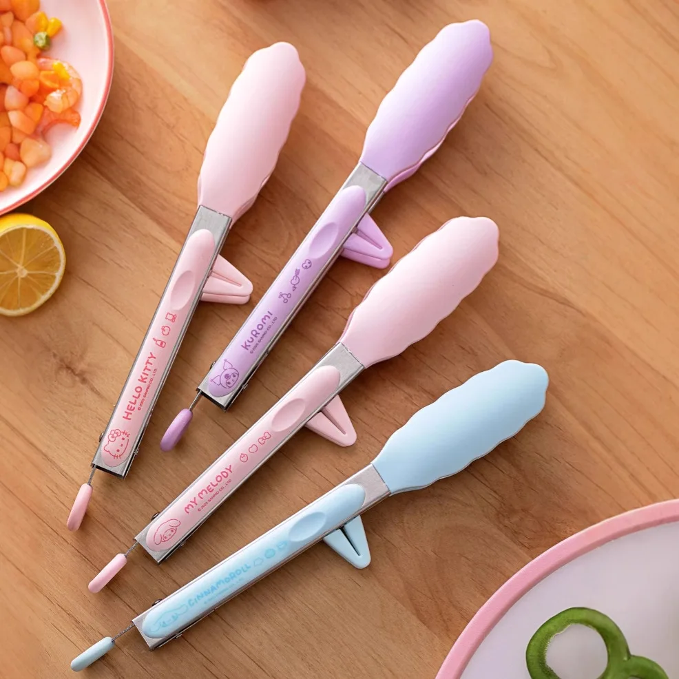 Sanrio kawaii hello kitty pinças de churrasco de silicone uso doméstico meninas cozinha anti escaldadura grelhado bife dopamina pinças de salada colorida