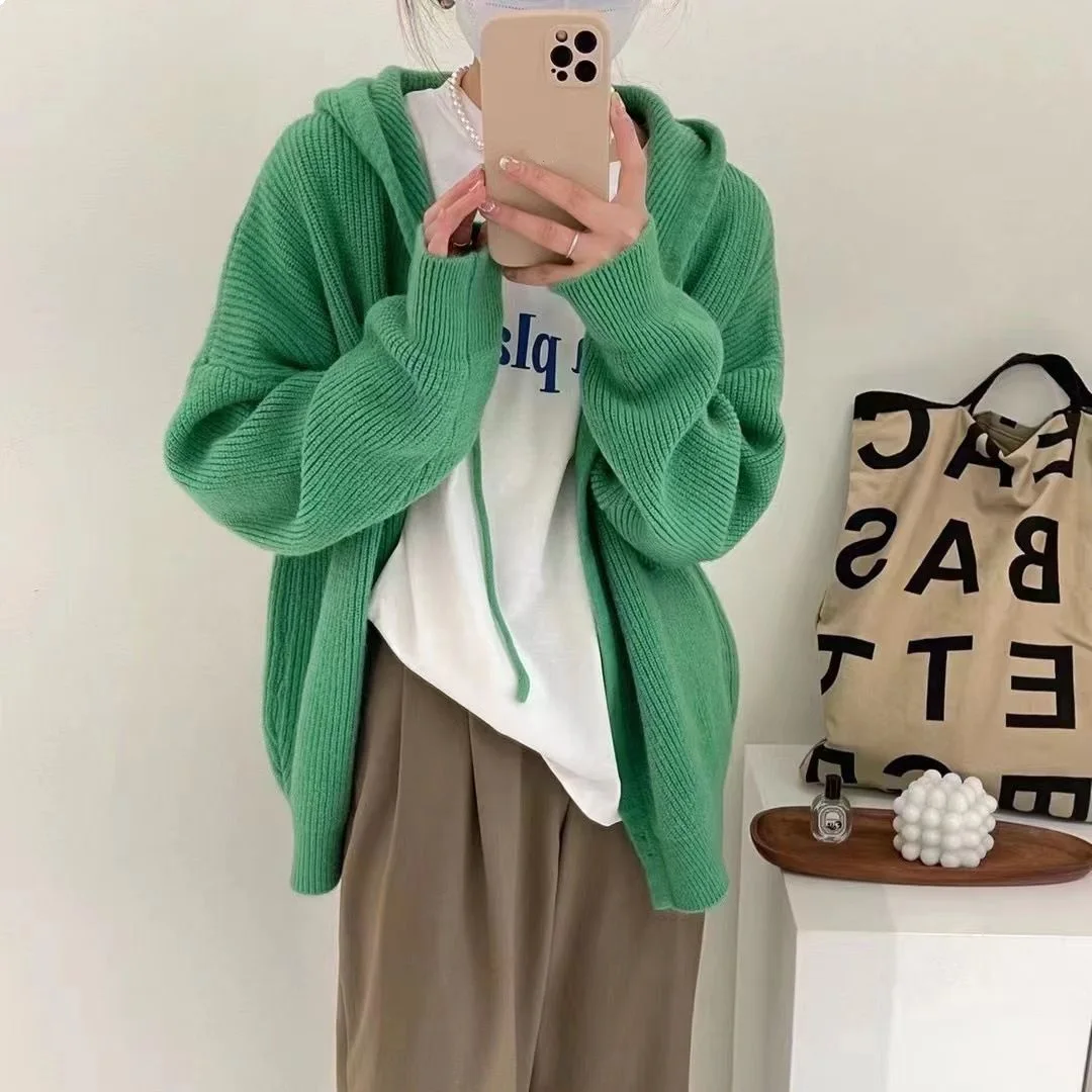 Women's Korean Hooded Sweater Knitted Cardigan Long Sleeve Top Knitwear Loose Candy Color Sweaters Autumn Winter Clothes 2024