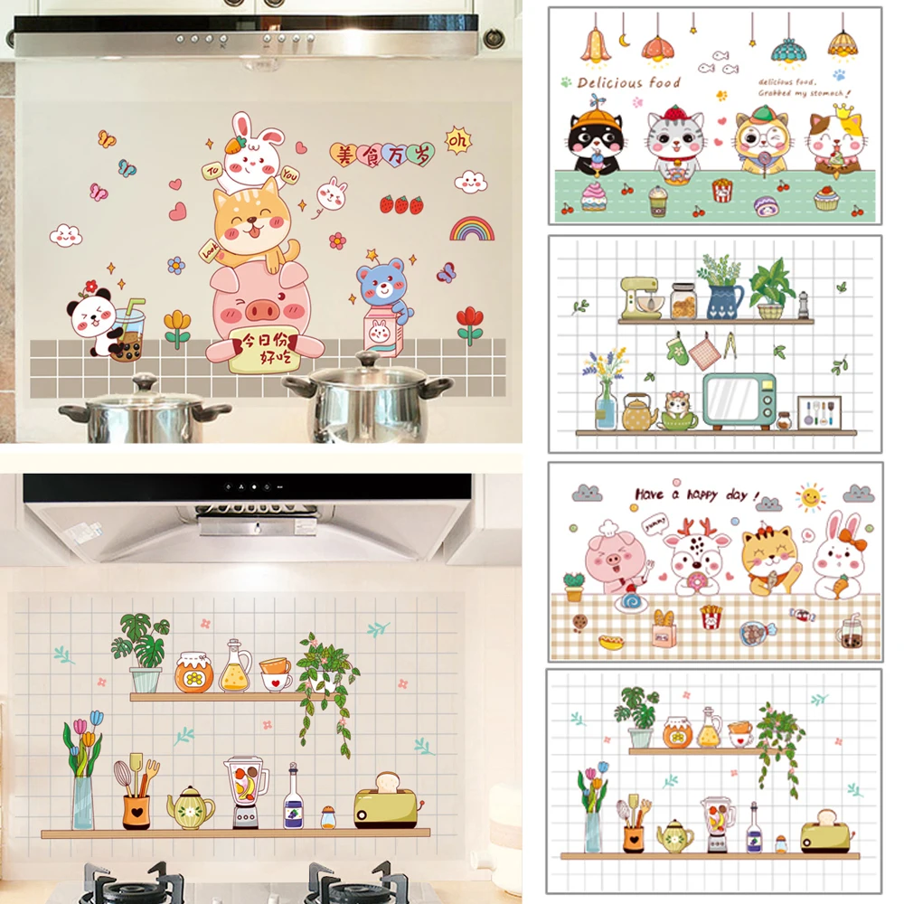 Self-Adhesive Oil Proof Wall Stickers Wallpaper Kitchen Backsplash Wall Protector Cartoon Animal Pattern Waterproof Sticker