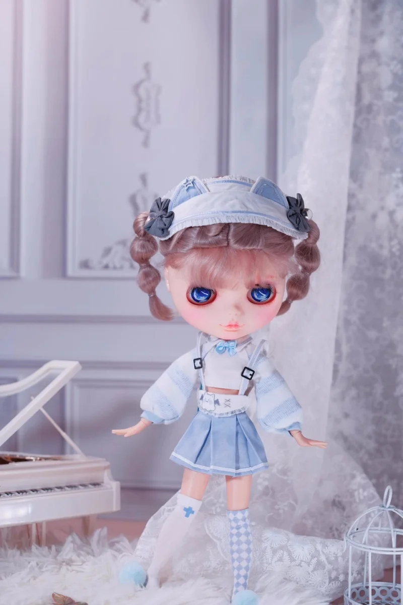 BJD doll clothes suitable for Blythe size light blue long sleeve pleated skirt 5-piece doll accessories