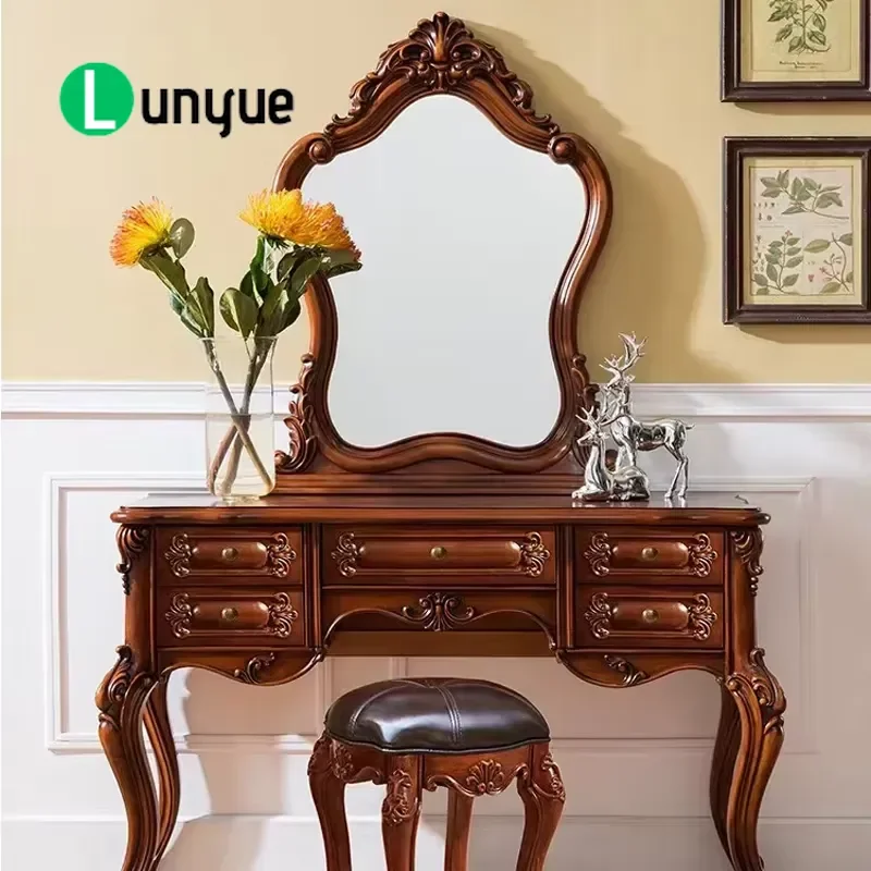 European Solid Wood Bedroom Dresser Set with Lamp and Mirror Apartment Furniture Storage Cabinet Vanity Table Home Decor