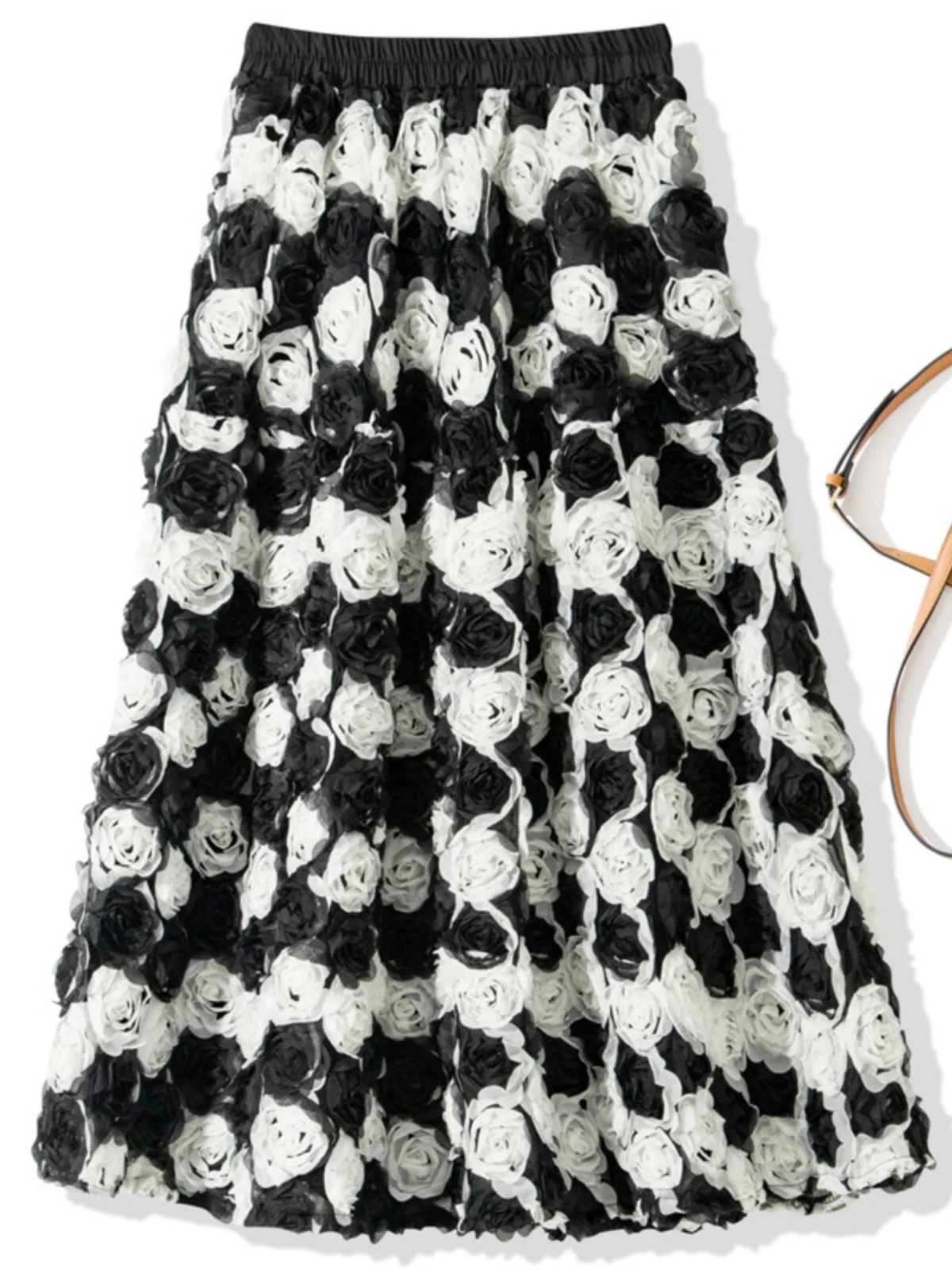 

3D Floral A-Line Midi Skirt Faionable Oversized Design Princ Sle High Waist Polyester Fabric Spring Summer Skirt