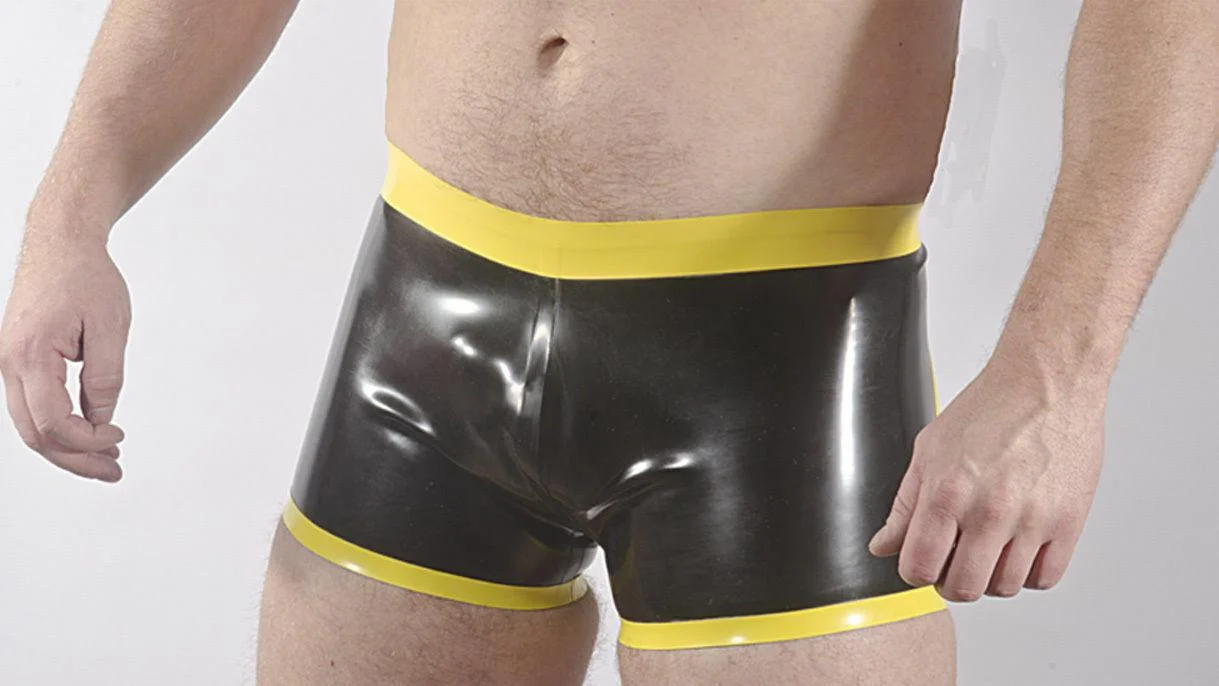 100% Natural Latex Rubber Men's Boxer Shorts Black & Yellow Halloween Uniform  Masquerade Handmade Custom Cosplay