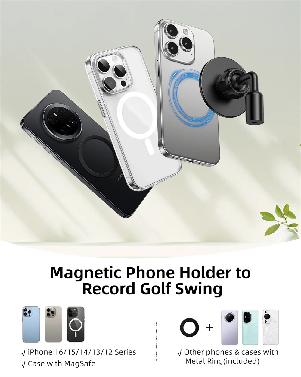 Magnete monopiede da golf magnetico in alluminio, bastone per selfie, treppiede da golf, supporto per l'allenamento del golf, registrazione dell'oscillazione per iPhone Magsafe