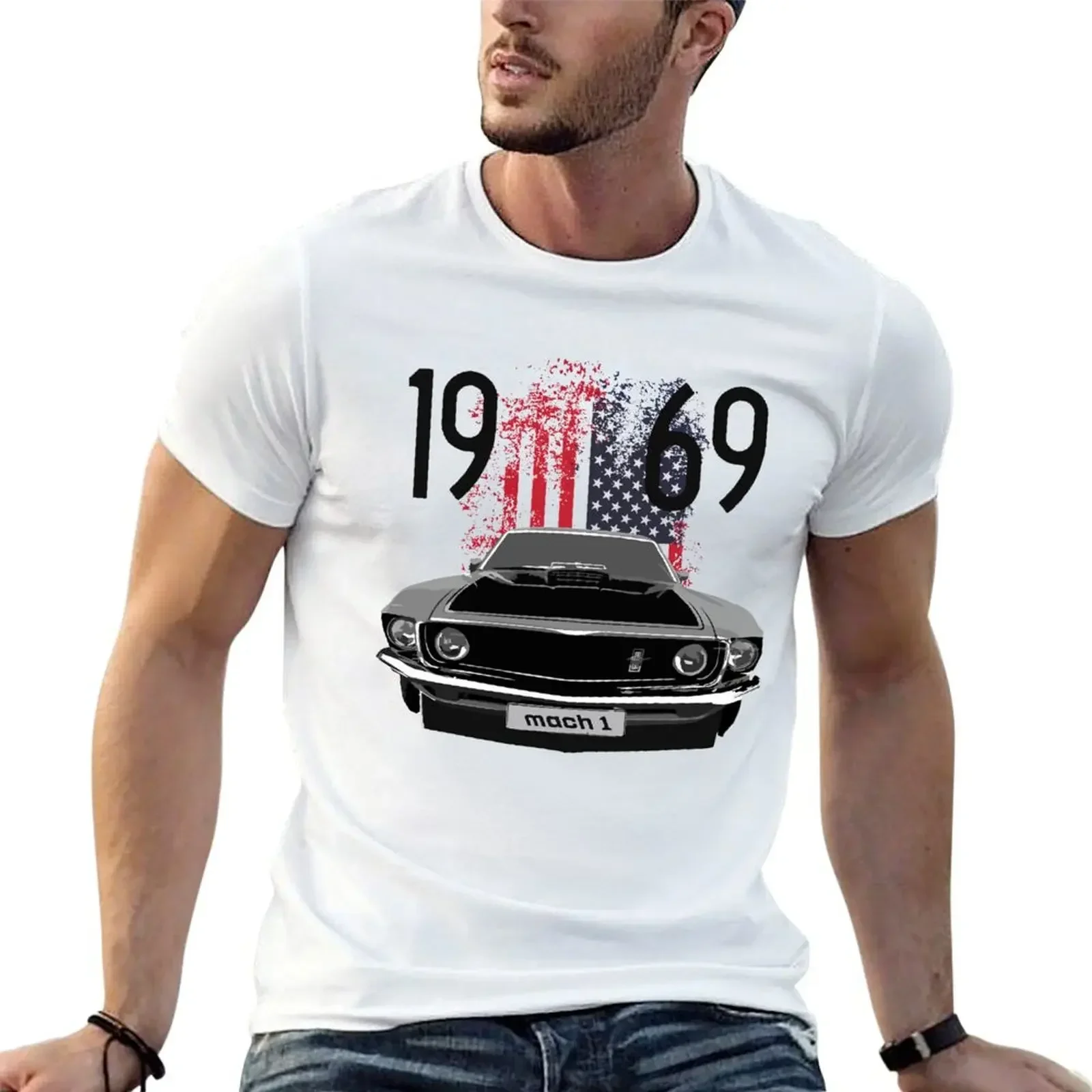 

1969 Mustang Mach 1 American T-Shirt rapper graphic tees heavyweights tops plain white t shirts men